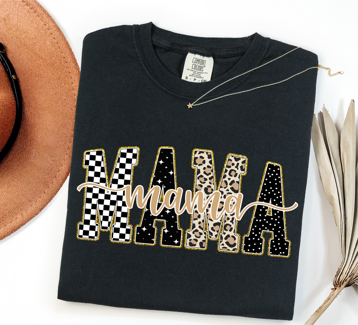 Black Checkered, Gold, Leopard Mama T-Shirt