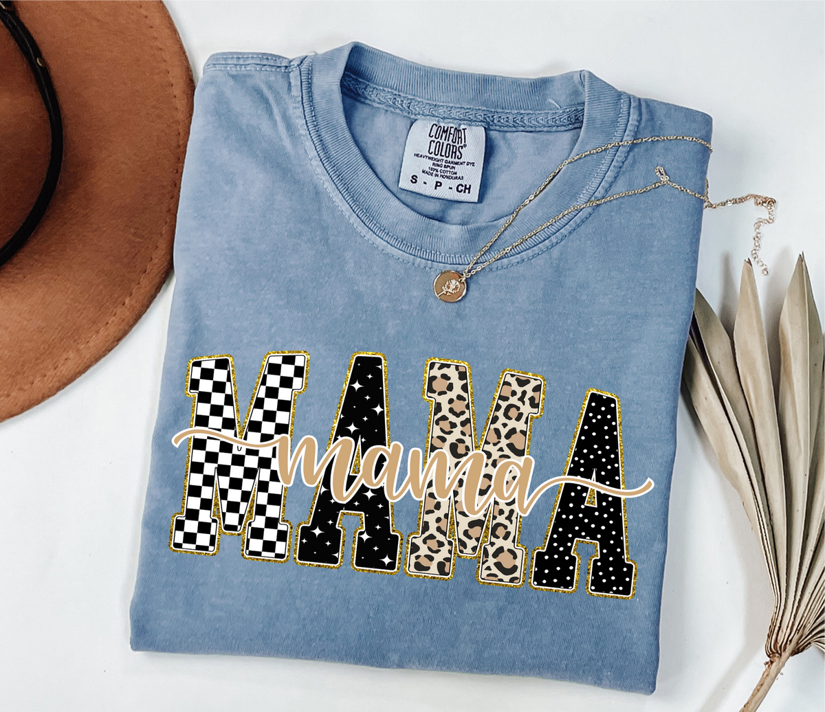 Mystic Blue Checkered, Gold, Leopard Mama T-Shirt