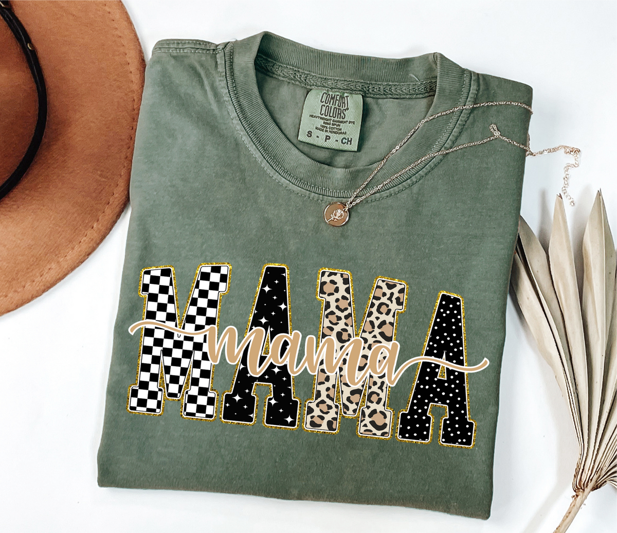 Sage Checkered, Gold, Leopard Mama T-Shirt