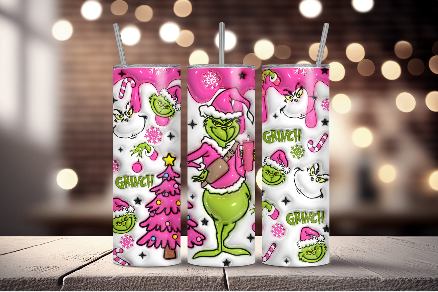 3D Pink Grinch Sublimation Tumbler Print