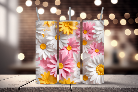 3D Pink + White Daisies Sublimation Tumbler Print