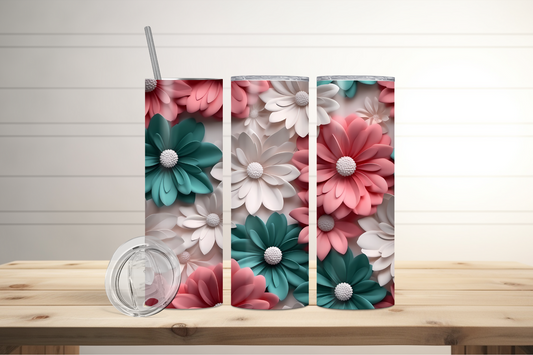 3D Teal + Pink Daisies Sublimation Tumbler Print