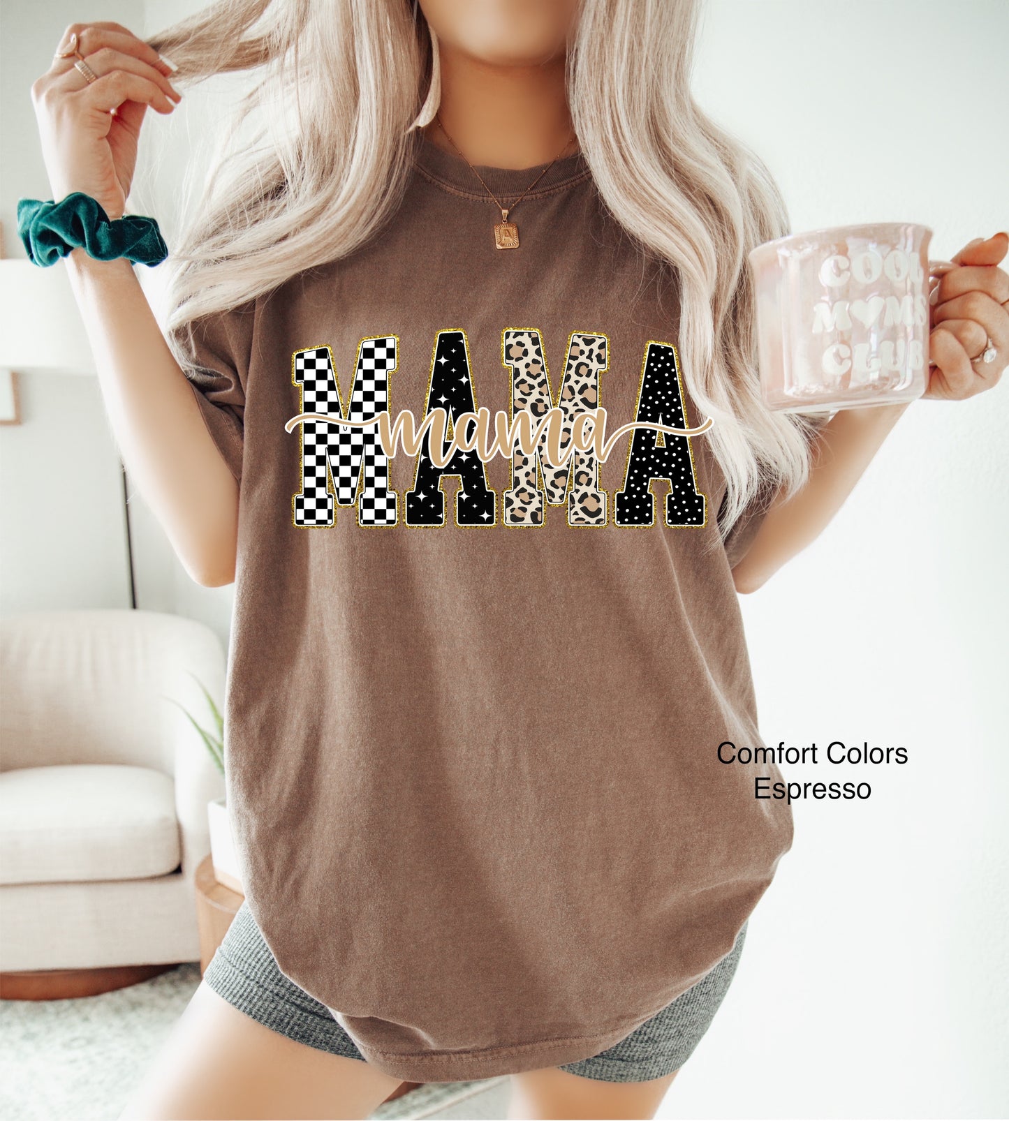 Espresso Checkered, Gold, Leopard Mama T-Shirt