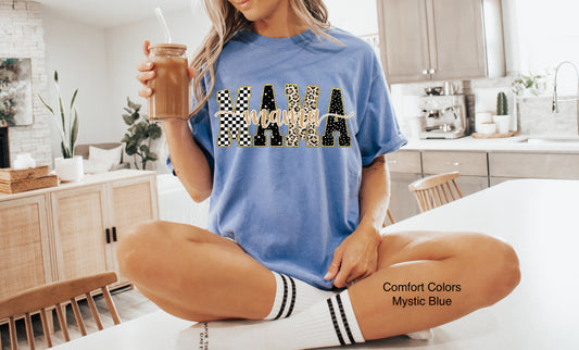Mystic Blue Checkered, Gold, Leopard Mama T-Shirt