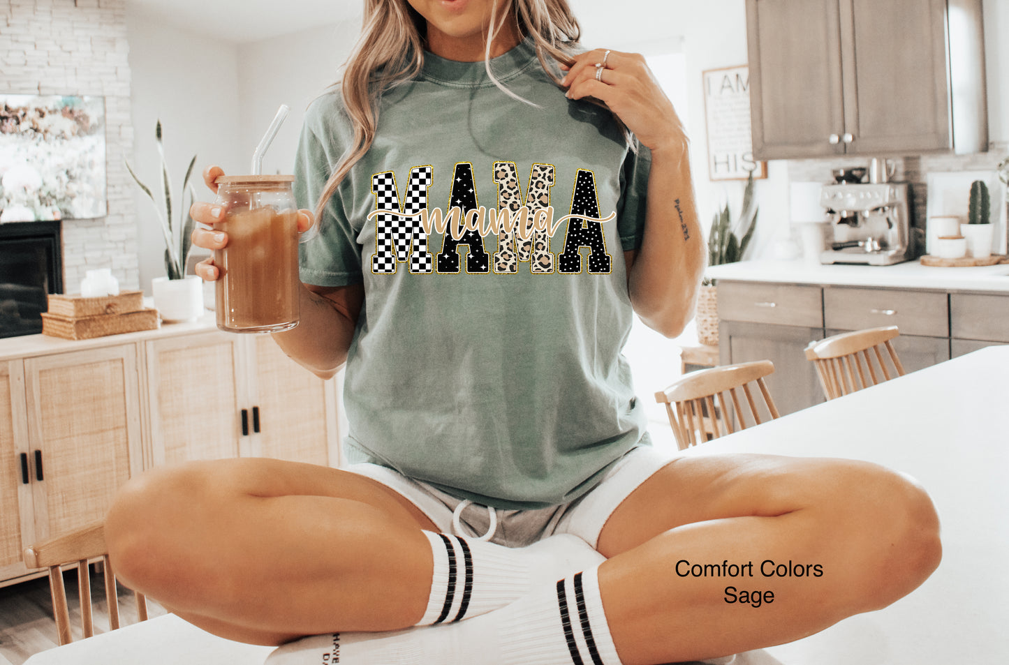 Sage Checkered, Gold, Leopard Mama T-Shirt