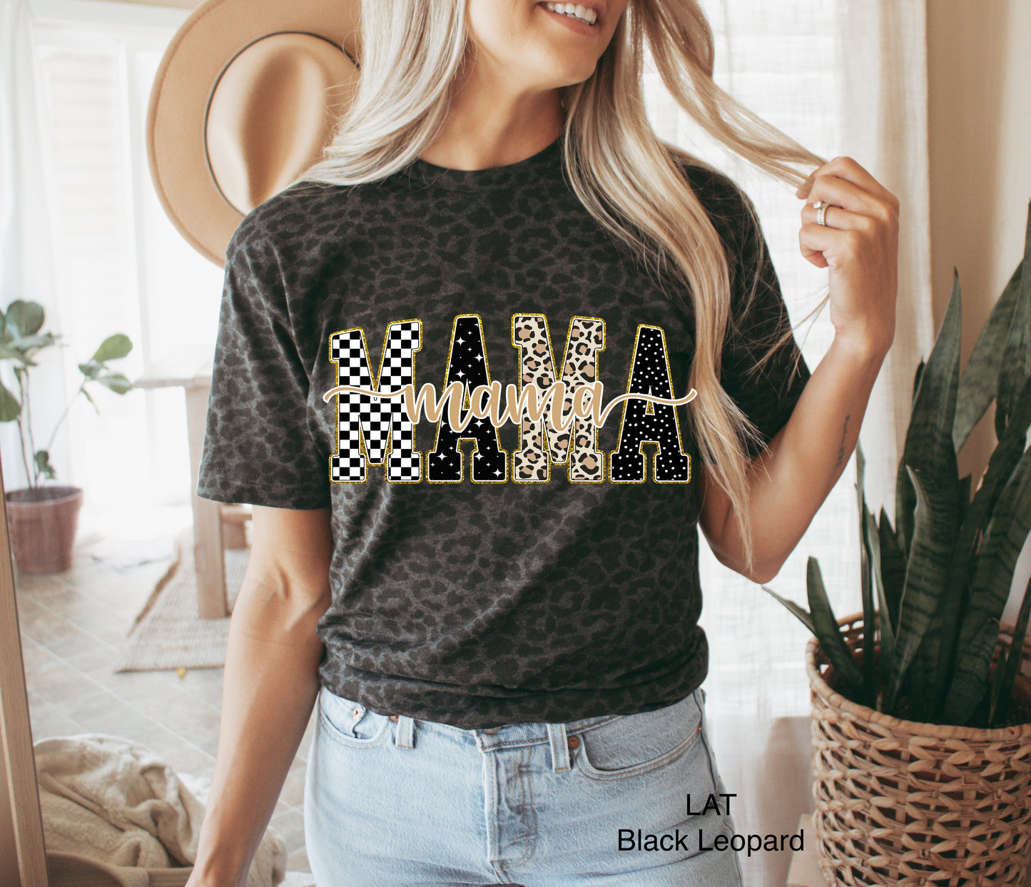 Black Leopard Checkered, Gold, Leopard Mama T-Shirt