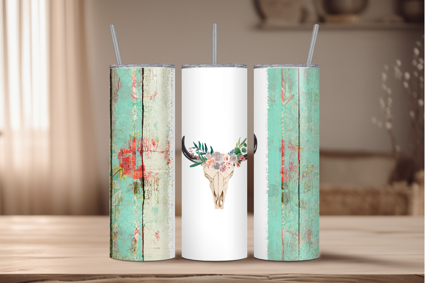 Rustic Floral Bull Head Sublimation Tumbler Print
