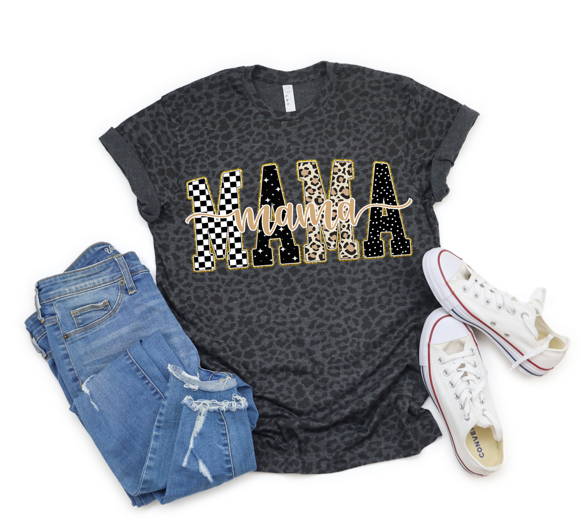 Black Leopard Checkered, Gold, Leopard Mama T-Shirt