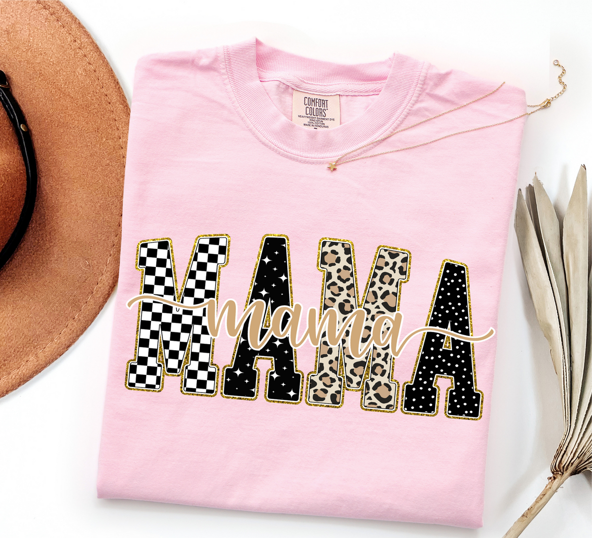 Light Pink Checkered, Gold, Leopard Mama T-Shirt