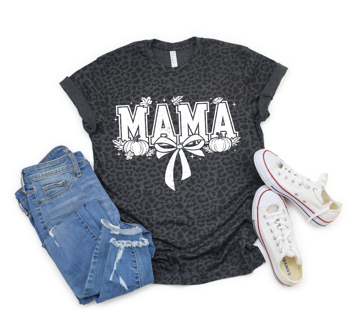 Mama w/ Pumpkins - Black Leopard T-Shirt